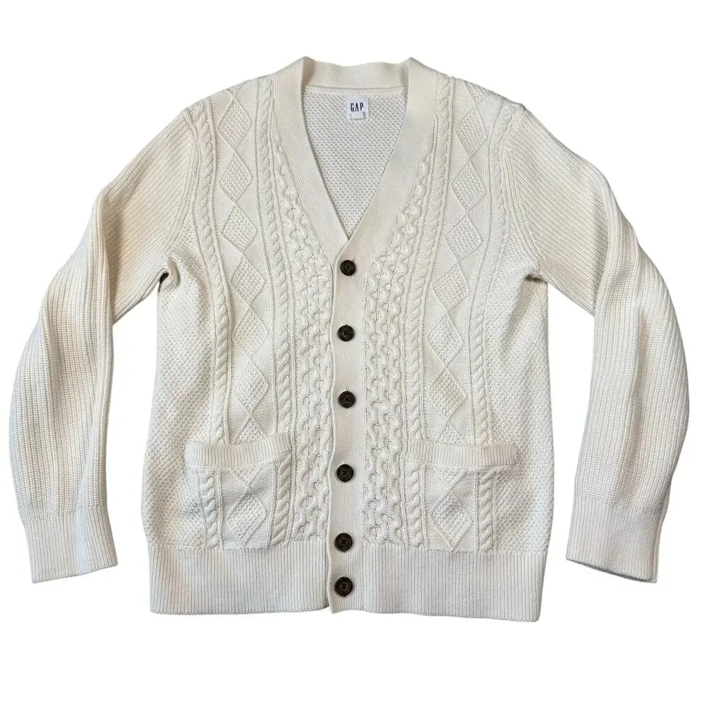 Gap‎ Fisherman Chunky Knit Cardigan Cream 100% Cotton Grandpacore Men’s - Size M